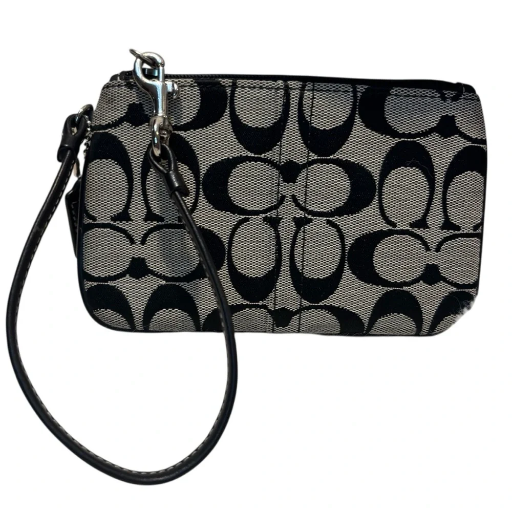 Coach Wristlet Pouch Signature C Black Gray Canvas Leather Trim Zip-Up Silver